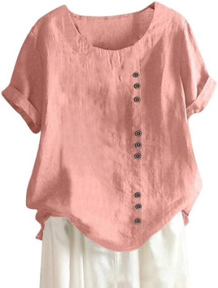 Women's Cotton Linen Shirts Short Sleeve Crewneck Blouse Button Casual Loose Fit T Shirt Tunic Tops for Summer