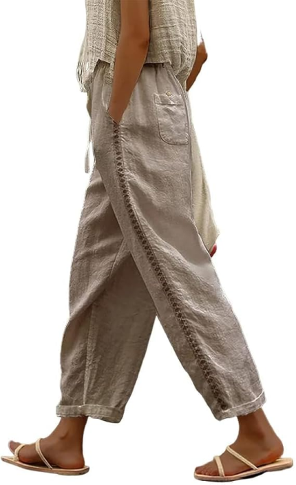 Womens Linen Pants Summer Plus Size Casual Cotton Linen Pants Drawstring Elastic Waist Cropped Trouser with Pockets